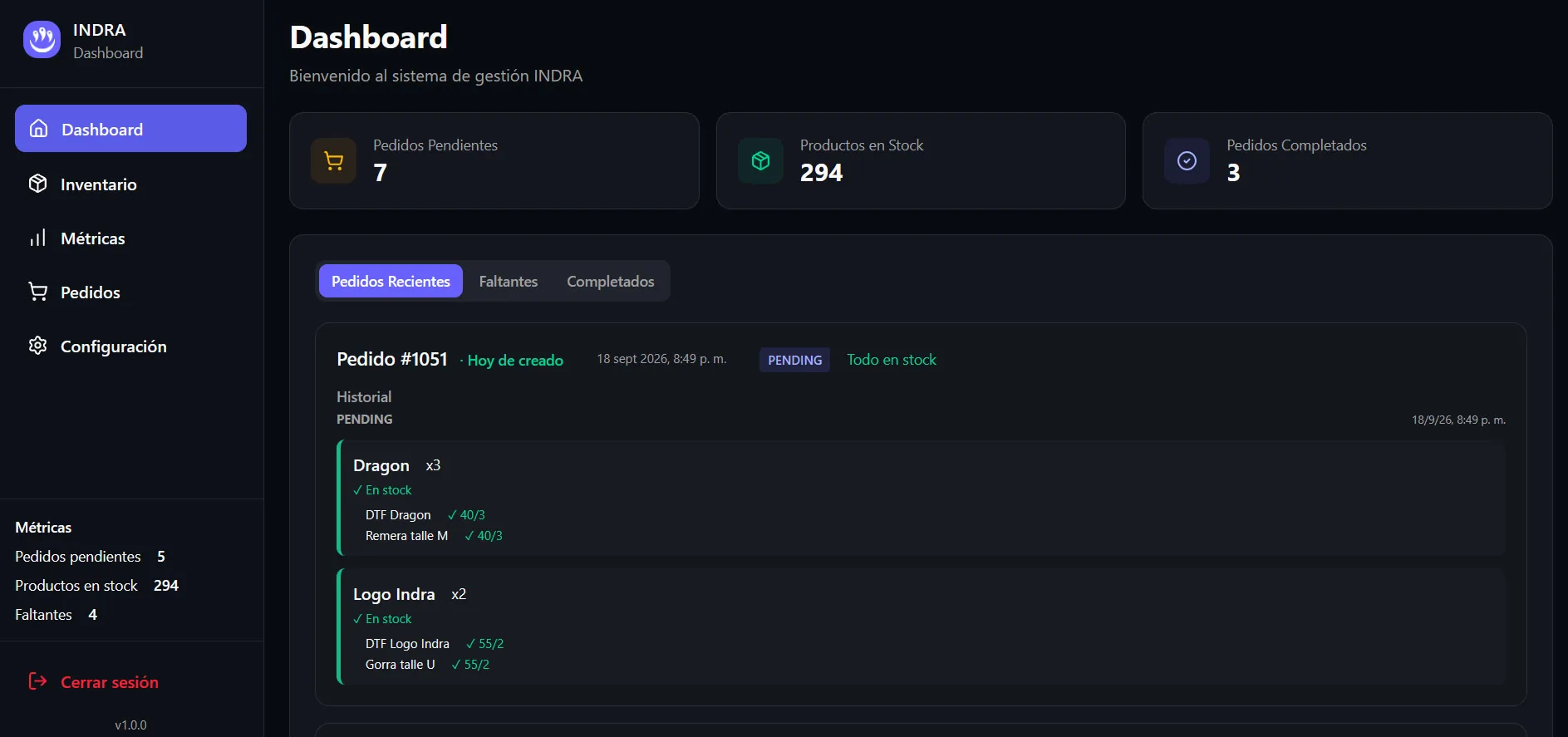 Pantalla principal de INDRA Dashboard